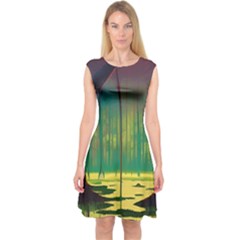 Nature Swamp Water Sunset Spooky Night Reflections Bayou Lake Capsleeve Midi Dress by Grandong