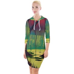 Nature Swamp Water Sunset Spooky Night Reflections Bayou Lake Quarter Sleeve Hood Bodycon Dress by Grandong