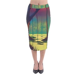 Nature Swamp Water Sunset Spooky Night Reflections Bayou Lake Velvet Midi Pencil Skirt by Grandong