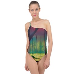 Nature Swamp Water Sunset Spooky Night Reflections Bayou Lake Classic One Shoulder Swimsuit by Grandong