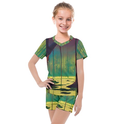 Nature Swamp Water Sunset Spooky Night Reflections Bayou Lake Kids  Mesh T-shirt And Shorts Set by Grandong