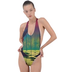 Nature Swamp Water Sunset Spooky Night Reflections Bayou Lake Backless Halter One Piece Swimsuit by Grandong