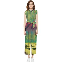 Nature Swamp Water Sunset Spooky Night Reflections Bayou Lake Women s Frill Top Chiffon Jumpsuit by Grandong