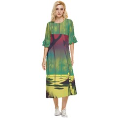 Nature Swamp Water Sunset Spooky Night Reflections Bayou Lake Double Cuff Midi Dress by Grandong