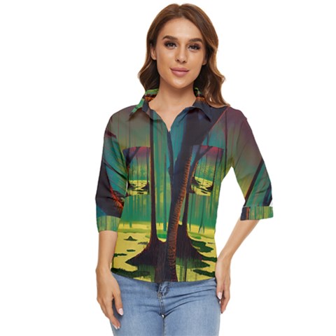 Nature Swamp Water Sunset Spooky Night Reflections Bayou Lake Women s Quarter Sleeve Pocket Shirt by Grandong