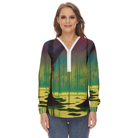 Nature Swamp Water Sunset Spooky Night Reflections Bayou Lake Zip Up Long Sleeve Blouse by Grandong