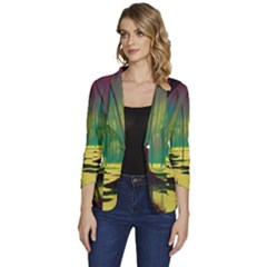 Nature Swamp Water Sunset Spooky Night Reflections Bayou Lake Women s One-button 3/4 Sleeve Short Jacket by Grandong