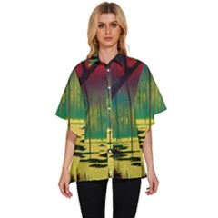 Nature Swamp Water Sunset Spooky Night Reflections Bayou Lake Women s Batwing Button Up Shirt