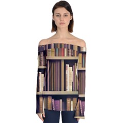 Books Bookshelves Office Fantasy Background Artwork Book Cover Apothecary Book Nook Literature Libra Off Shoulder Long Sleeve Top by Grandong