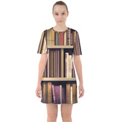 Books Bookshelves Office Fantasy Background Artwork Book Cover Apothecary Book Nook Literature Libra Sixties Short Sleeve Mini Dress by Grandong