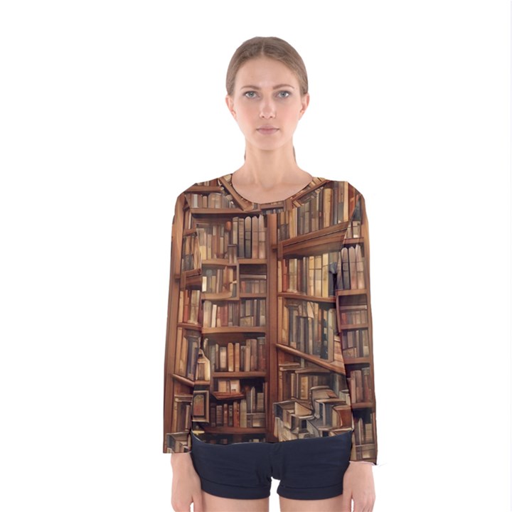 Room Interior Library Books Bookshelves Reading Literature Study Fiction Old Manor Book Nook Reading Women s Long Sleeve T-Shirt