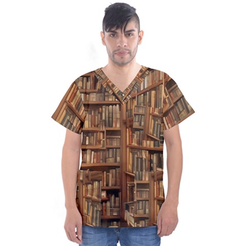 Room Interior Library Books Bookshelves Reading Literature Study Fiction Old Manor Book Nook Reading Men s V-neck Scrub Top by Grandong