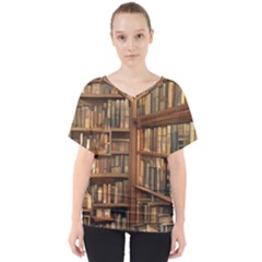 Room Interior Library Books Bookshelves Reading Literature Study Fiction Old Manor Book Nook Reading V-neck Dolman Drape Top by Grandong