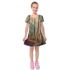 Woodland Woods Forest Trees Nature Outdoors Mist Moon Background Artwork Book Kids  Short Sleeve Velvet Dress by Grandong