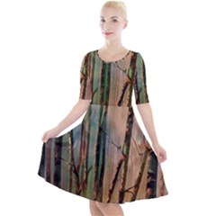 Woodland Woods Forest Trees Nature Outdoors Mist Moon Background Artwork Book Quarter Sleeve A-line Dress by Grandong