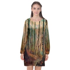 Woodland Woods Forest Trees Nature Outdoors Mist Moon Background Artwork Book Long Sleeve Chiffon Shift Dress  by Grandong