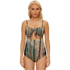 Woodland Woods Forest Trees Nature Outdoors Mist Moon Background Artwork Book Knot Front One-piece Swimsuit by Grandong