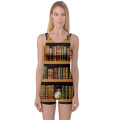 Room Interior Library Books Bookshelves Reading Literature Study Fiction Old Manor Book Nook Reading One Piece Boyleg Swimsuit by Grandong