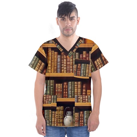 Room Interior Library Books Bookshelves Reading Literature Study Fiction Old Manor Book Nook Reading Men s V-neck Scrub Top by Grandong