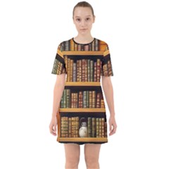 Room Interior Library Books Bookshelves Reading Literature Study Fiction Old Manor Book Nook Reading Sixties Short Sleeve Mini Dress by Grandong