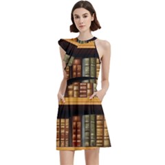 Room Interior Library Books Bookshelves Reading Literature Study Fiction Old Manor Book Nook Reading Cocktail Party Halter Sleeveless Dress With Pockets by Grandong