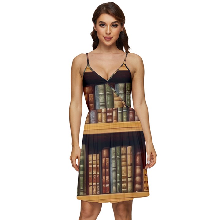 Room Interior Library Books Bookshelves Reading Literature Study Fiction Old Manor Book Nook Reading V-Neck Pocket Summer Dress 