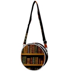 Room Interior Library Books Bookshelves Reading Literature Study Fiction Old Manor Book Nook Reading Crossbody Circle Bag by Grandong