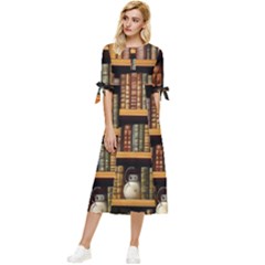 Room Interior Library Books Bookshelves Reading Literature Study Fiction Old Manor Book Nook Reading Bow Sleeve Chiffon Midi Dress by Grandong