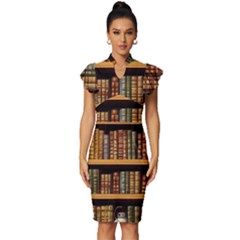 Room Interior Library Books Bookshelves Reading Literature Study Fiction Old Manor Book Nook Reading Vintage Frill Sleeve V-neck Bodycon Dress by Grandong