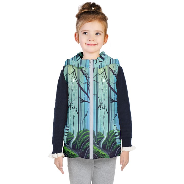 Nature Outdoors Night Trees Scene Forest Woods Light Moonlight Wilderness Stars Kids  Hooded Puffer Vest