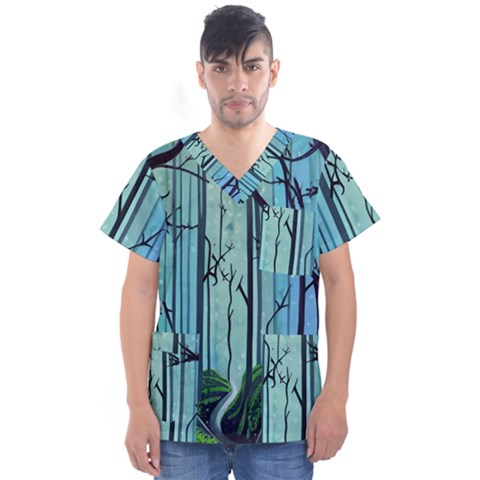 Nature Outdoors Night Trees Scene Forest Woods Light Moonlight Wilderness Stars Men s V-neck Scrub Top by Grandong