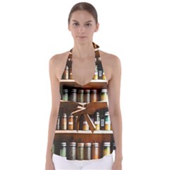 Alcohol Apothecary Book Cover Booze Bottles Gothic Magic Medicine Oils Ornate Pharmacy Tie Back Tankini Top by Grandong