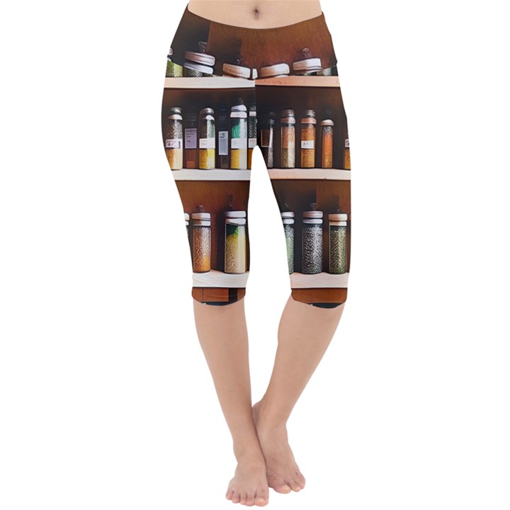 Alcohol Apothecary Book Cover Booze Bottles Gothic Magic Medicine Oils Ornate Pharmacy Lightweight Velour Cropped Yoga Leggings