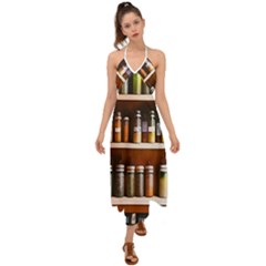 Alcohol Apothecary Book Cover Booze Bottles Gothic Magic Medicine Oils Ornate Pharmacy Halter Tie Back Dress  by Grandong