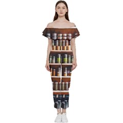 Alcohol Apothecary Book Cover Booze Bottles Gothic Magic Medicine Oils Ornate Pharmacy Bardot Ruffle Jumpsuit by Grandong