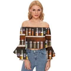 Alcohol Apothecary Book Cover Booze Bottles Gothic Magic Medicine Oils Ornate Pharmacy Off Shoulder Flutter Bell Sleeve Top by Grandong