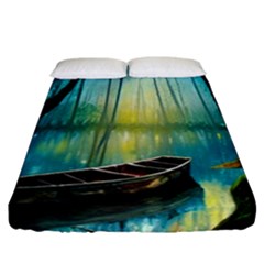 Swamp Bayou Rowboat Sunset Landscape Lake Water Moss Trees Logs Nature Scene Boat Twilight Quiet Fitted Sheet (california King Size) by Grandong