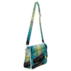 Swamp Bayou Rowboat Sunset Landscape Lake Water Moss Trees Logs Nature Scene Boat Twilight Quiet Shoulder Bag With Back Zipper by Grandong