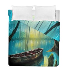 Swamp Bayou Rowboat Sunset Landscape Lake Water Moss Trees Logs Nature Scene Boat Twilight Quiet Duvet Cover Double Side (full/ Double Size) by Grandong