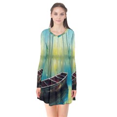 Swamp Bayou Rowboat Sunset Landscape Lake Water Moss Trees Logs Nature Scene Boat Twilight Quiet Long Sleeve V-neck Flare Dress by Grandong