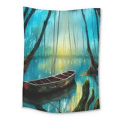 Swamp Bayou Rowboat Sunset Landscape Lake Water Moss Trees Logs Nature Scene Boat Twilight Quiet Medium Tapestry by Grandong