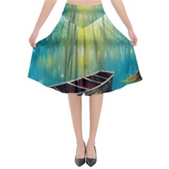 Swamp Bayou Rowboat Sunset Landscape Lake Water Moss Trees Logs Nature Scene Boat Twilight Quiet Flared Midi Skirt by Grandong