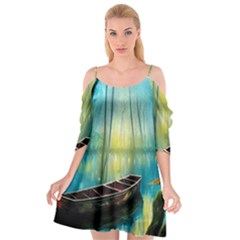 Swamp Bayou Rowboat Sunset Landscape Lake Water Moss Trees Logs Nature Scene Boat Twilight Quiet Cutout Spaghetti Strap Chiffon Dress by Grandong