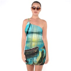 Swamp Bayou Rowboat Sunset Landscape Lake Water Moss Trees Logs Nature Scene Boat Twilight Quiet One Shoulder Ring Trim Bodycon Dress by Grandong