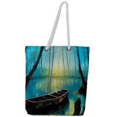 Swamp Bayou Rowboat Sunset Landscape Lake Water Moss Trees Logs Nature Scene Boat Twilight Quiet Full Print Rope Handle Tote (large) by Grandong