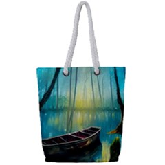 Swamp Bayou Rowboat Sunset Landscape Lake Water Moss Trees Logs Nature Scene Boat Twilight Quiet Full Print Rope Handle Tote (small) by Grandong