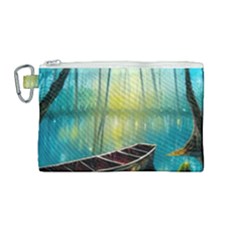 Swamp Bayou Rowboat Sunset Landscape Lake Water Moss Trees Logs Nature Scene Boat Twilight Quiet Canvas Cosmetic Bag (medium) by Grandong