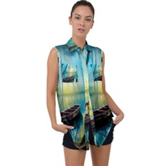 Swamp Bayou Rowboat Sunset Landscape Lake Water Moss Trees Logs Nature Scene Boat Twilight Quiet Sleeveless Chiffon Button Shirt