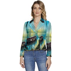 Swamp Bayou Rowboat Sunset Landscape Lake Water Moss Trees Logs Nature Scene Boat Twilight Quiet Women s Long Sleeve Revers Collar Cropped Jacket by Grandong