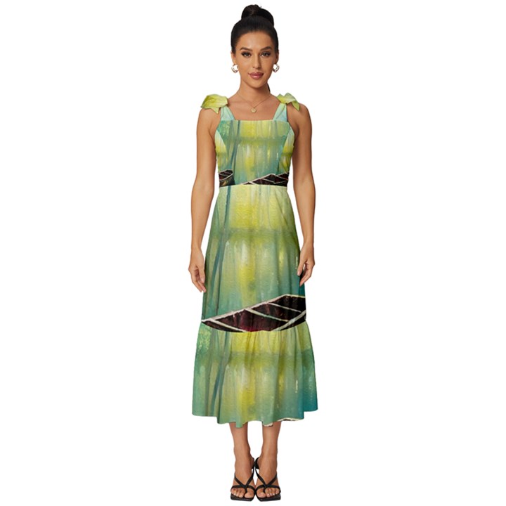 Swamp Bayou Rowboat Sunset Landscape Lake Water Moss Trees Logs Nature Scene Boat Twilight Quiet Tie-Strap Tiered Midi Chiffon Dress